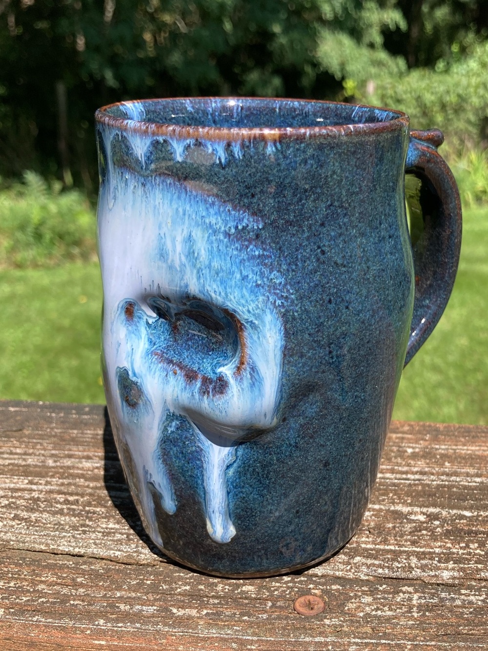 Handmade Paul Haigh Signed Skull Face Mug Studio Pottery Blue Drip Glaze NH - Picture 3 of 7